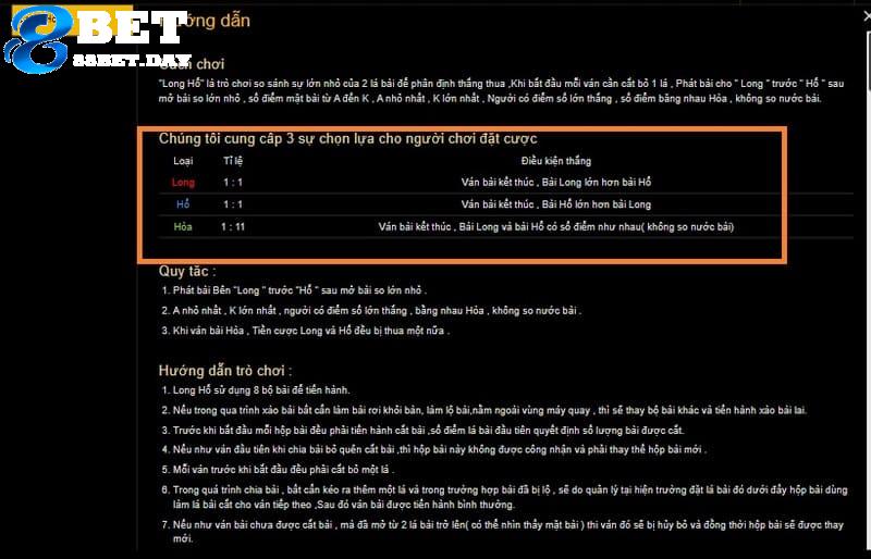 Long hổ 88bet – Chơi trực tuyến nhận thưởng tiền mặt cực đã 6 Người chơi có thể khám phá nhiều cửa cược khác nhau khi chơi long hổ